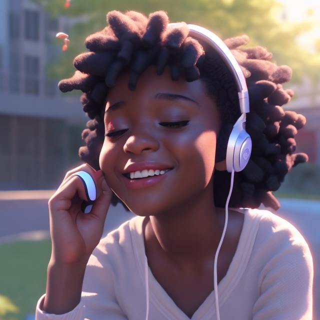 Prompt: (masterpiece) (highly detailed) (top quality) (cinematic shot) 4:1, front view, black girl listening to music, modern dress, smiling, eyes closed CloverWorks, (rendered by real engine 5)