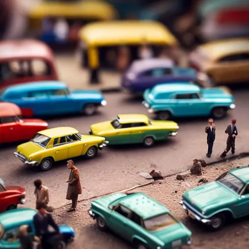 Prompt: Miniature South African street diorama macro photography, 1960’s cars, street sellers, bokeh, busy