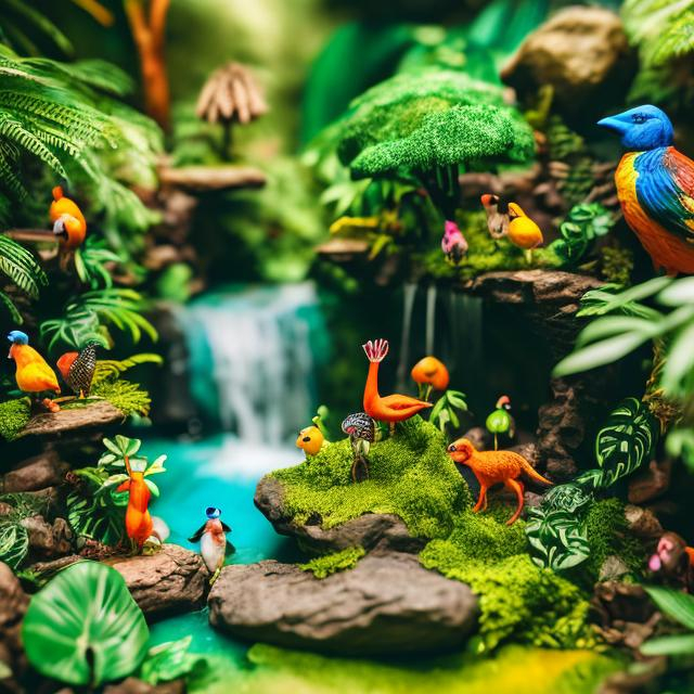 Prompt: miniature diorama macro photography, African Lush greenery, waterfalls, and miniature animals and colourful birds in a dense jungle setting