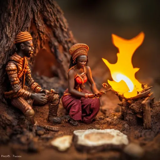 Prompt: miniature diorama macro photography, African, folktale, twilight, fire, storytelling, humans, podcast cover