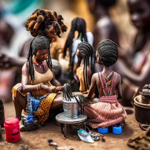 Prompt: Miniature African hairdresser, at a market, diorama macro photography, busy, braiding, outside