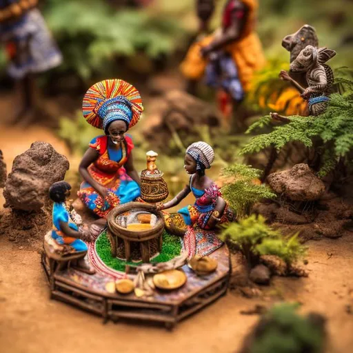 Prompt: miniature diorama macro photography, African, folktale, vibrant, detailed background, humans, podcast cover