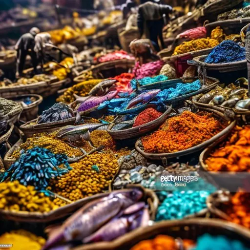 Prompt: miniature diorama macro photography,African fish market, indoors, fish in baskets, busy, people trading, colourful 