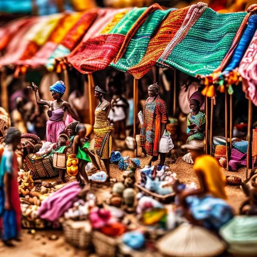 Prompt: miniature diorama macro photography, African market stalls with colorful fabrics, baskets of clothes, and small figures engaged in trade