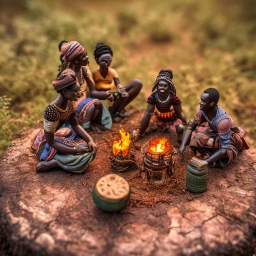 Prompt: miniature diorama macro photography, African, folktale, twilight, fire, storytelling, humans, podcast cover