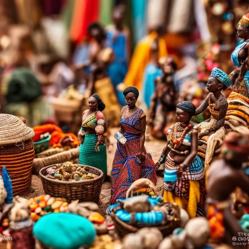 Prompt: miniature diorama macro photography, African market stalls with colorful fabrics, baskets of trinkets, and small figures engaged in trade