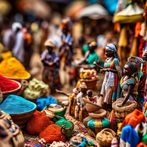 Prompt: miniature diorama macro photography, African market stalls with colorful fabrics, baskets of trinkets, and small figures engaged in trade