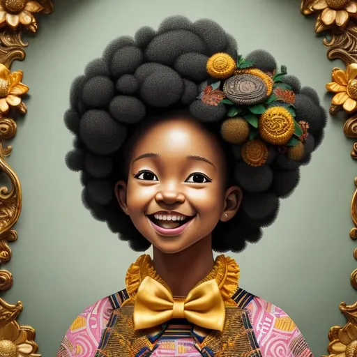 Prompt: Artwork by Daisuke Hagiwara of a black girl, curly afro, crown of flowers, kente dress with ruffles and bow details, smiling, hyper detailed and intricate, ornate, (sharp focus:1.2),smooth facial, eyes, nose, features, vivid, vibrant, 8K 3D, (UHD:1.2), 8k resolution, character design, CloverWorks, (rendered by real engine 5)