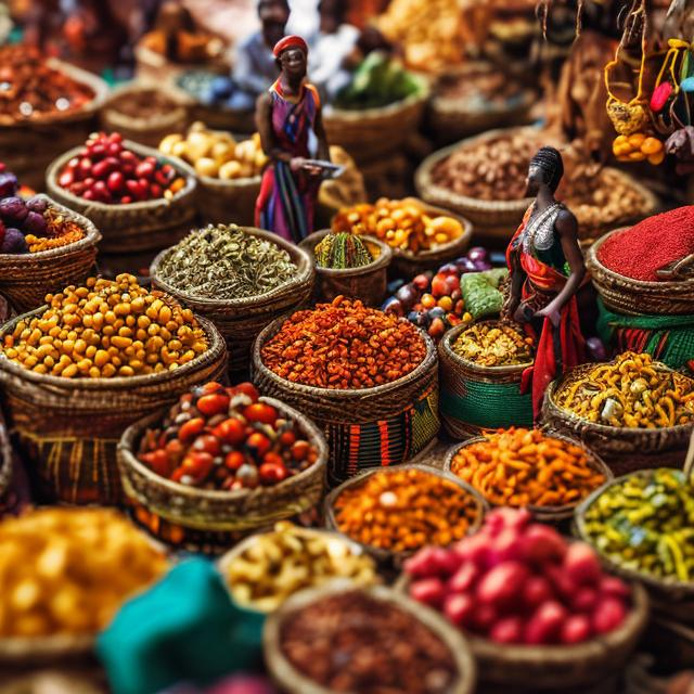 Prompt: miniature diorama macro photography, African market stalls with colorful fabrics, baskets of fruits, and small figures engaged in trade