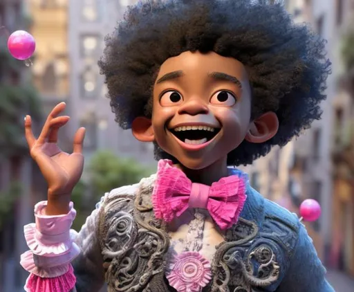 Prompt: Artwork by Daisuke Hagiwara of a black boy, curly hair, Afro hair, grey and pink clothes with ruffle and bow details, smiling, hyper detailed and intricate, ornate, (sharp focus:1.2),smooth facial, eyes, nose, hand features, vivid, vibrant, 8K 3D, (UHD:1.2), 8k resolution, character design, CloverWorks, (rendered by real engine 5)