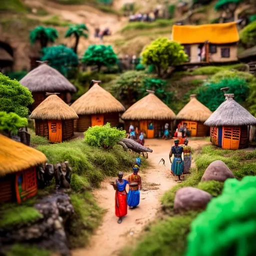 Prompt: a South African miniature diorama macro photography village , detailed and colourful african huts, villagers in traditional attire, culture