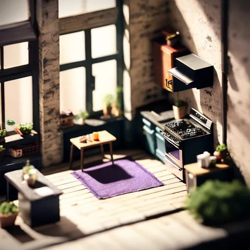 Prompt: miniature diorama macro photography, realistic manhattan open floor kitchen apartment