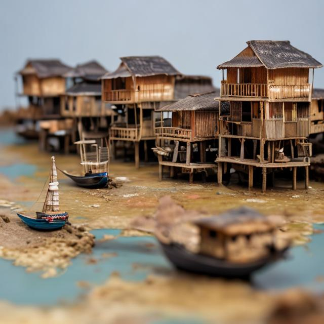 Prompt: miniature diorama macro photography, ganvié river, houses on stilts, Benin 