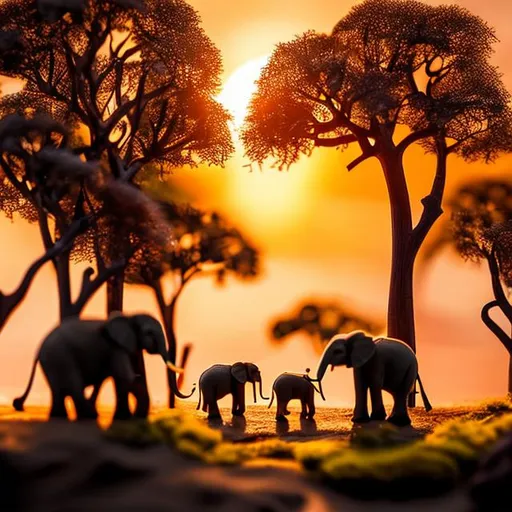 Prompt: miniature diorama macro photography, Elephants, giraffes, and acacia trees with a warm, orange sunset