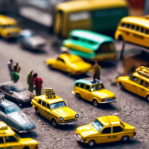 Prompt: Miniature Nigerian street diorama macro photography, yellow taxis and white vans and 1960’s cars, street sellers, bokeh, busy