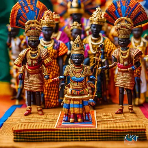 Prompt: an akan king procession miniature diorama macro photography, detailed and colourful kente cloth, gold jewellery, villagers in traditional attire, royal stool, adinkra symbols