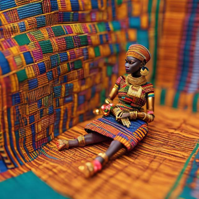 Prompt: miniature diorama macro photography, detailed and colourful kente cloth, gold jewellery, Alan culture 