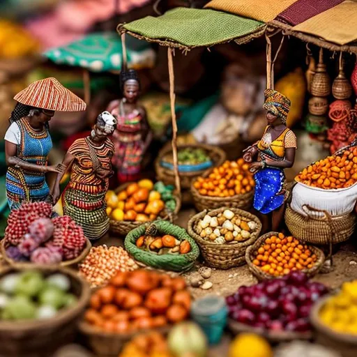 Prompt: miniature diorama macro photography, African market stalls with colorful fabrics, baskets of fruits, and small figures engaged in trade