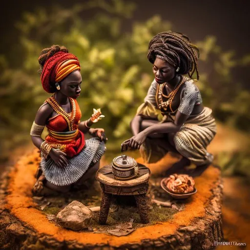 Prompt: miniature diorama macro photography, African, folktale, twilight, fire, storytelling, humans, podcast cover