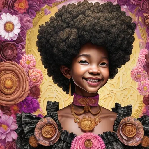 Prompt: Artwork by Daisuke Hagiwara, a black girl, curly afro, crown of flowers, kente dress with ruffles and bow details, smiling, hyper detailed and intricate, ornate, (sharp focus:1.2), smooth facial, eyes, nose, features, vivid, vibrant, 8K 3D, (UHD:1.2), 8k resolution, character design, CloverWorks, (rendered by real engine 5)