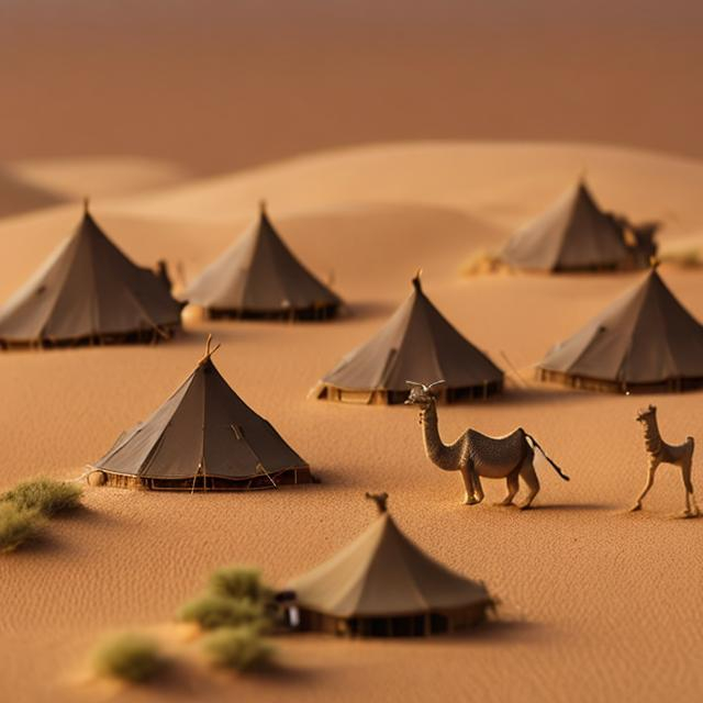 Prompt: miniature diorama macro photography, African nomadic tents, camels, and desert dunes to depict the vastness of the African desert