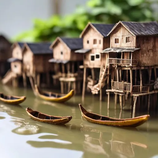 Prompt: miniature diorama macro photography, ganvié river, houses on stilts in water, Benin, boats