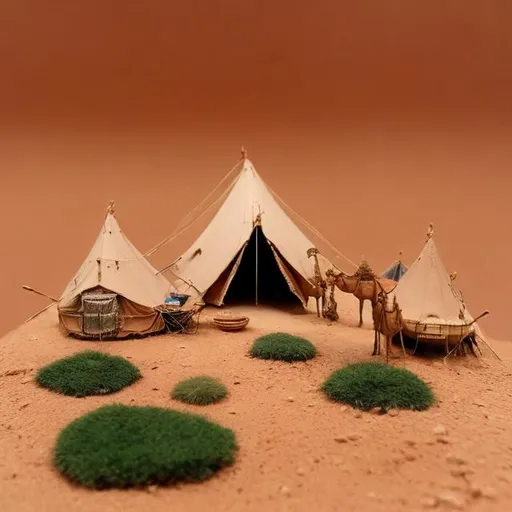 Prompt: miniature diorama macro photography, African nomadic tents, camels, and desert dunes African desert