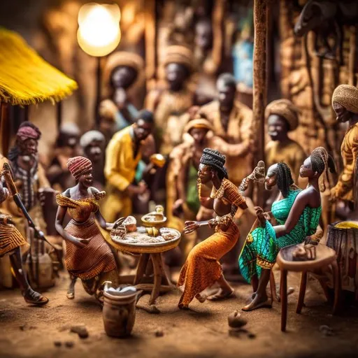 Prompt: Miniature African bar, diorama macro photography, busy, dancing