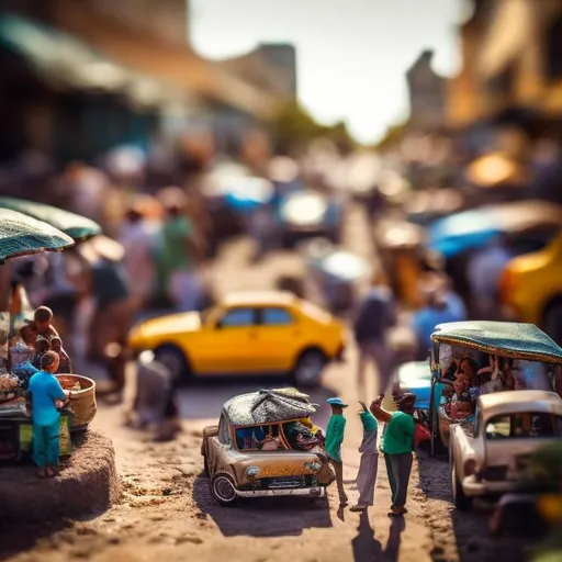 Prompt: Miniature South African street diorama macro photography, cars, street sellers, bokeh, busy