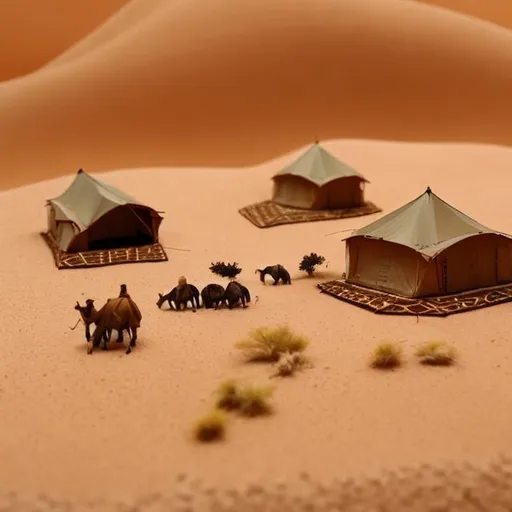 Prompt: miniature diorama macro photography, African nomadic tents, camels, and desert dunes to depict the vastness of the African desert