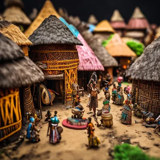 Prompt: miniature diorama macro photography, Intricate and colourful african huts, villagers in traditional attire, communal fire, beautiful African tribal culture