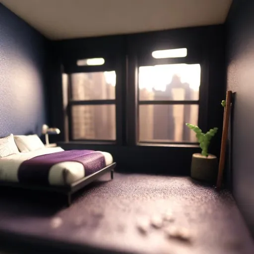 Prompt: miniature diorama macro photography, realistic manhattan bedroom apartment