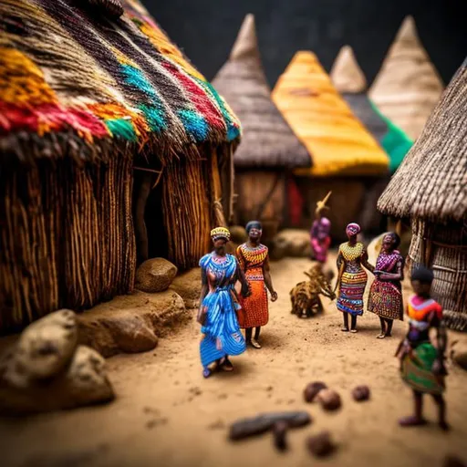 Prompt: miniature diorama macro photography, detailed and colourful african huts, villagers in traditional attire, beautiful African tribal culture