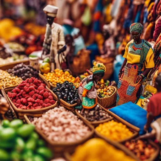 Prompt: miniature diorama macro photography, African market stalls with colorful fabrics, baskets of fruits, and small figures engaged in trade