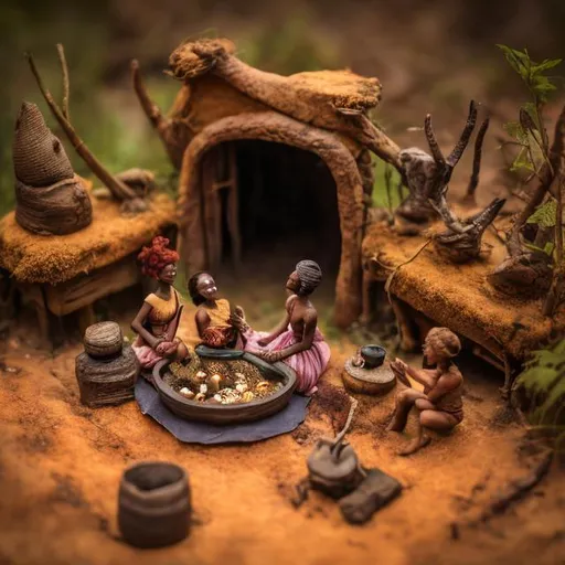 Prompt: miniature diorama macro photography, African, folktale, twilight, fire, storytelling, humans, podcast cover