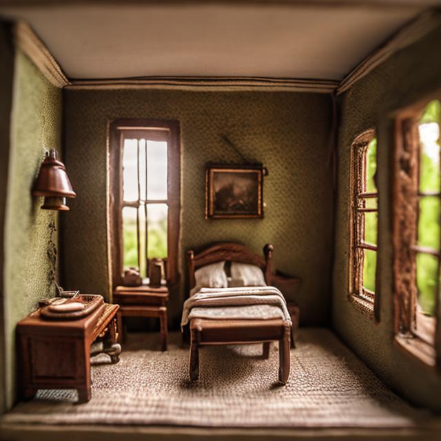 Prompt: miniature diorama macro photography, African colonial bedroom, British, big window