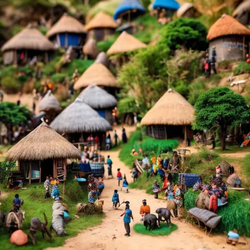 Prompt: a South African miniature diorama macro photography village , detailed and colourful african huts, villagers in traditional attire, culture