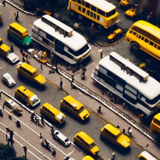 Prompt: Miniature Nigerian street diorama macro photography, bird’s eye view, yellow taxis and white vans, street sellers, bokeh, busy