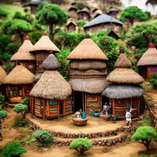Prompt: a South African miniature diorama macro photography village , detailed and colourful african huts, villagers in traditional attire, culture, African symbols