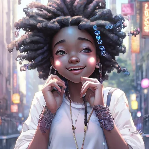 Prompt: (masterpiece) (highly detailed) (top quality) (cinematic shot) anime style, 4:1, front view, black girl listening to music, modern dress, smiling, eyes closed hyper detailed and intricate, ornate, (sharp focus:1.2),smooth facial, eyes, nose, hand features, vivid, vibrant, 8K 3D, (UHD:1.2), 8k resolution, character design, CloverWorks, (rendered by real engine 5)