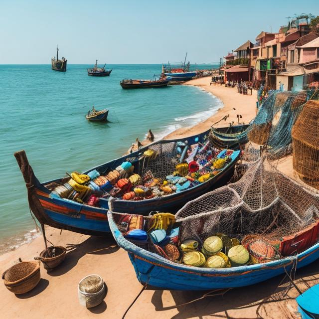 Prompt: Miniature photography, African fishing village with boats, nets, baskets, seafront