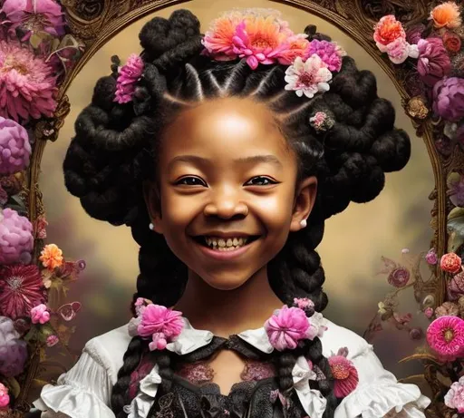 Prompt: Artwork by Daisuke Hagiwara of a black girl, braids, crown of flowers, Victorian pink dress with ruffles and bow details, smiling, hyper detailed and intricate, ornate, (sharp focus:1.2),smooth facial, eyes, nose, features, vivid, vibrant, 8K 3D, (UHD:1.2), 8k resolution, character design, CloverWorks, (rendered by real engine 5)