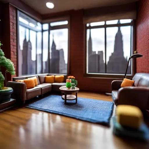 Prompt: miniature diorama macro photography, realistic manhattan living room apartment