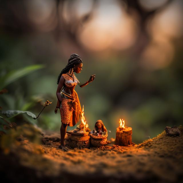 Prompt: miniature diorama macro photography, African, folktale, twilight, fire, storytelling, humans, podcast cover