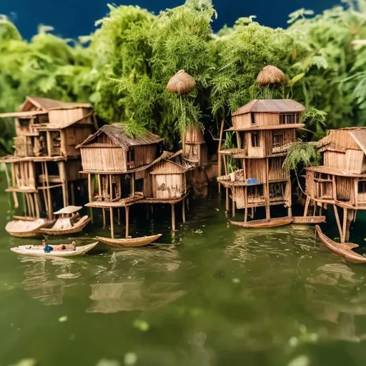 Prompt: miniature diorama macro photography, ganvié river, houses on stilts in water, Benin, boats