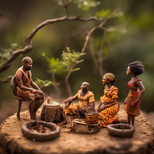 Prompt: miniature diorama macro photography, African, folktale, twilight, fire, storytelling, humans, podcast cover