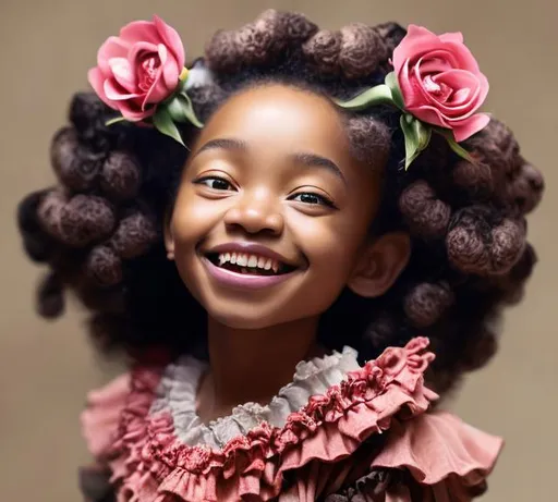Prompt: Artwork by Daisuke Hagiwara of a black girl, curly hair, flowers in hair, rose dress with ruffles and bow details, smiling, hyper detailed and intricate, ornate, (sharp focus:1.2),smooth facial, eyes, nose, features, vivid, vibrant, 8K 3D, (UHD:1.2), 8k resolution, character design, CloverWorks, (rendered by real engine 5)