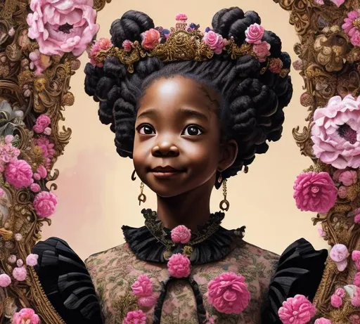Prompt: Artwork by Daisuke Hagiwara of a black girl, braids, crown of flowers, Victorian pink dress with ruffles and bow details, smiling, hyper detailed and intricate, ornate, (sharp focus:1.2),smooth facial, eyes, nose, features, vivid, vibrant, 8K 3D, (UHD:1.2), 8k resolution, character design, CloverWorks, (rendered by real engine 5)