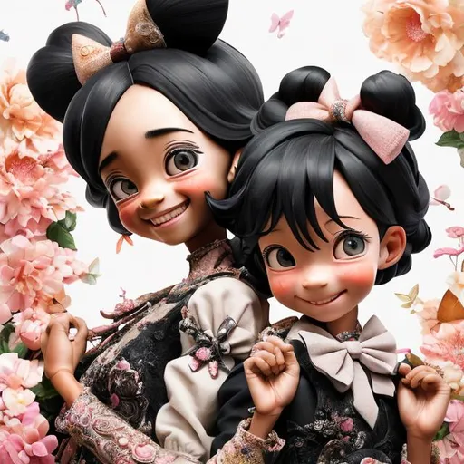 Prompt: Artwork by Daisuke Hagiwara of a black mother and young daughter, dresses with bow details, smiling, hyper detailed and intricate, ornate, elegant (sharp focus:1.2), 8K 3D, smooth facial, eyes, nose features, vivid, vibrant, (UHD:1.2), 8k resolution, character design, doll, CloverWorks, (rendered by real engine 5)