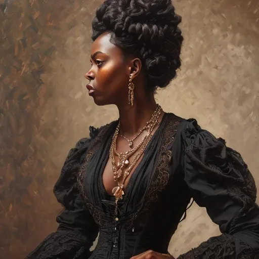 Prompt: Oil painting of a black woman, in Victorian era, Victorian dress, realism art, perfect composition, hyperrealistic, super detailed, 8k, high quality, trending art, trending on art station, intricate details, highly detailed.